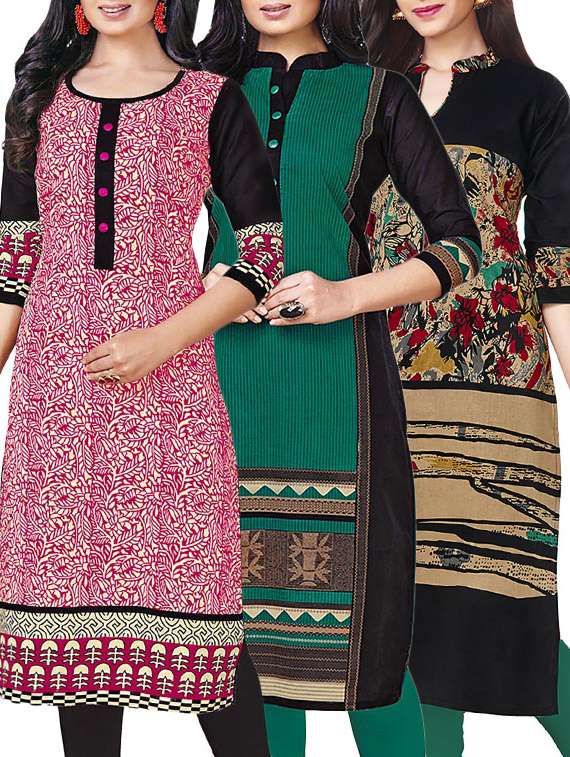 combos (set of 3 ) multi colored cotton unstitched kurta