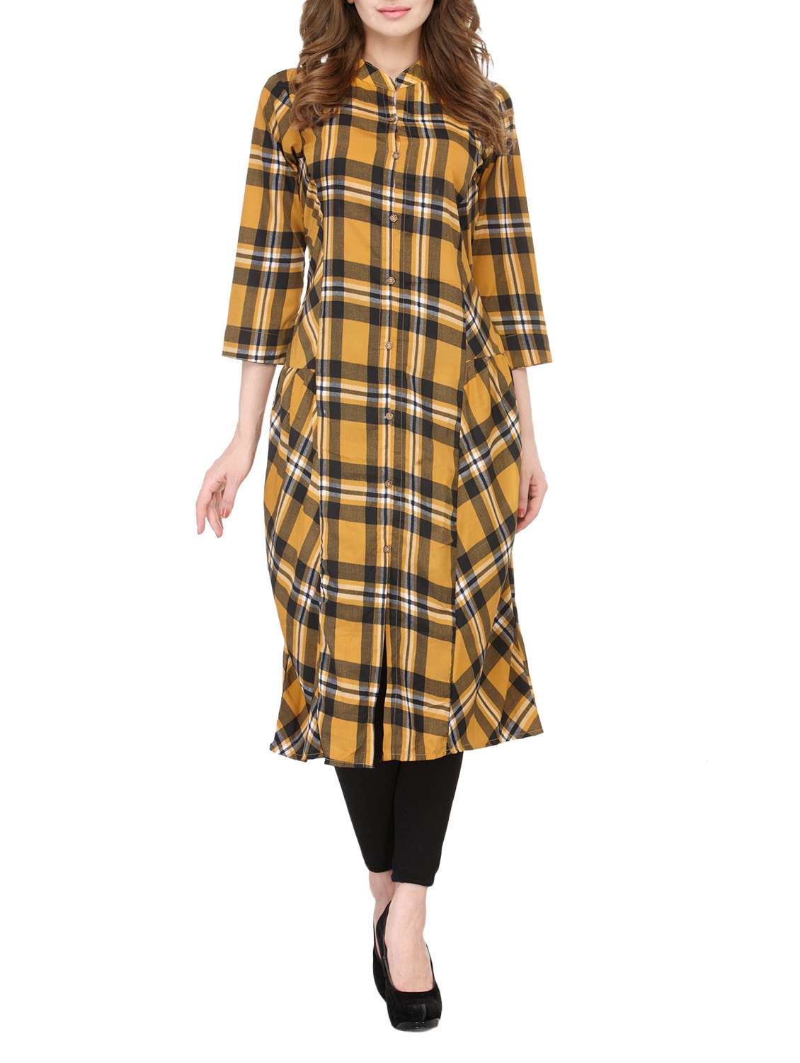 yellow crepe checkered a-line kurta