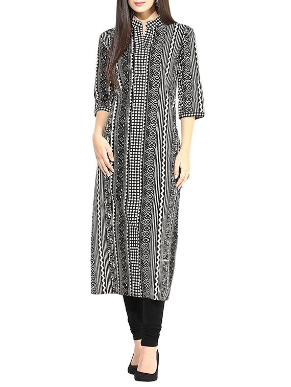 black cotton printed long kurta