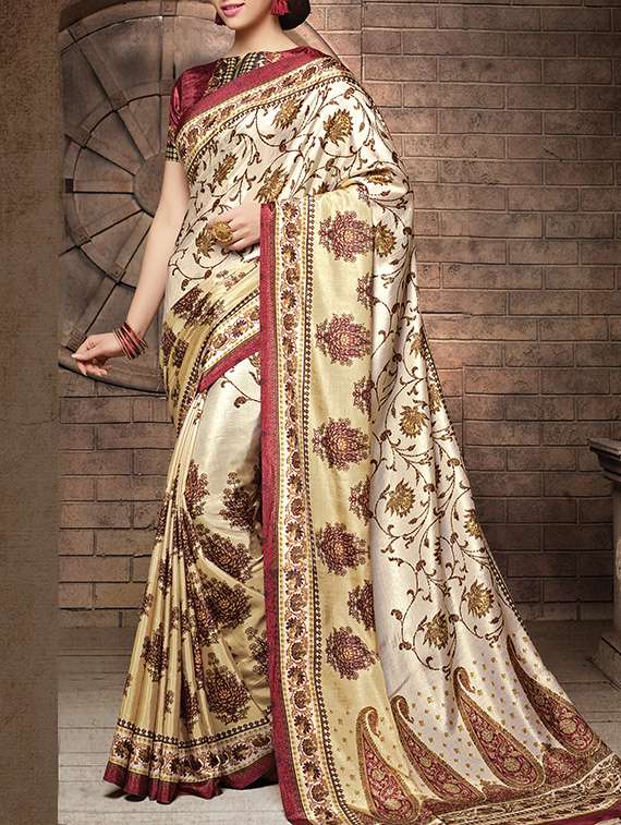 women's floral beige colored saree with blouse