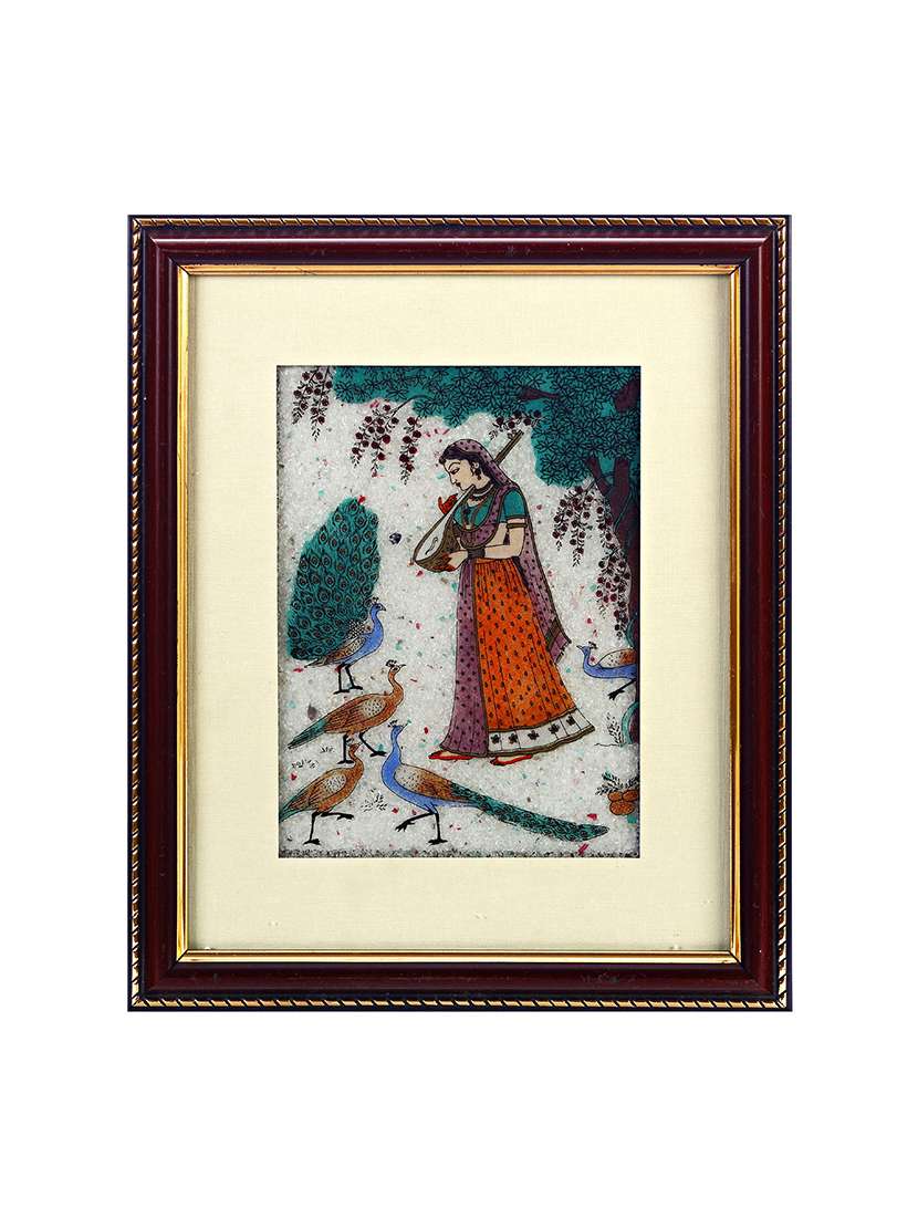 dark wood gemstone dust ragini with peacock motif wall painting