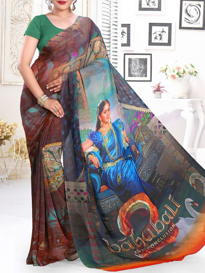 brown digital printed saree with blouse