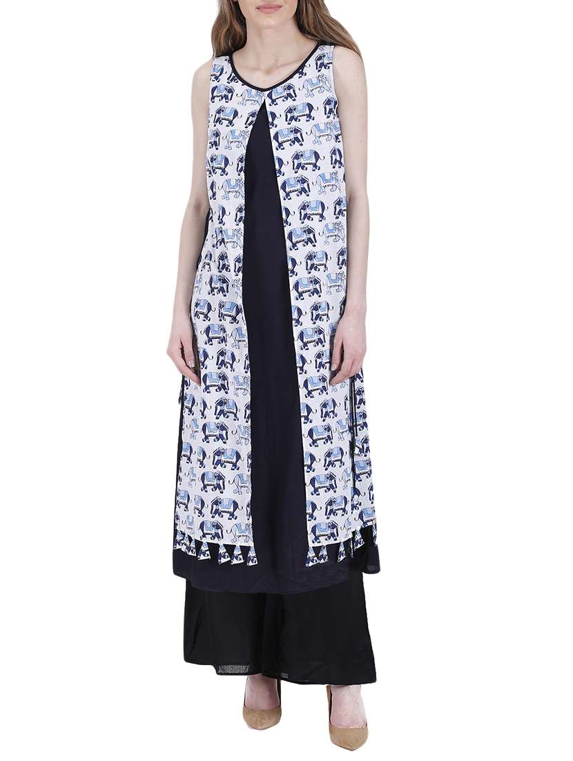 blue rayon printed layered kurta