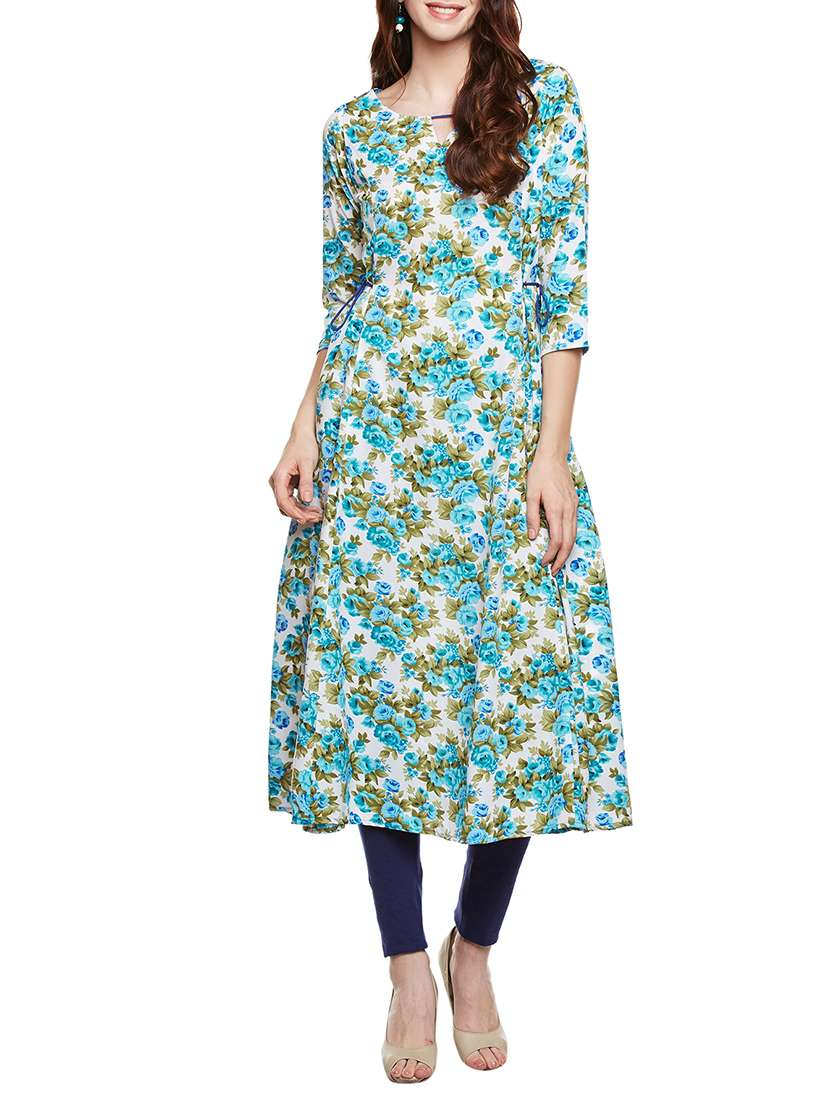 multi colored poly crepe printed flared kurta