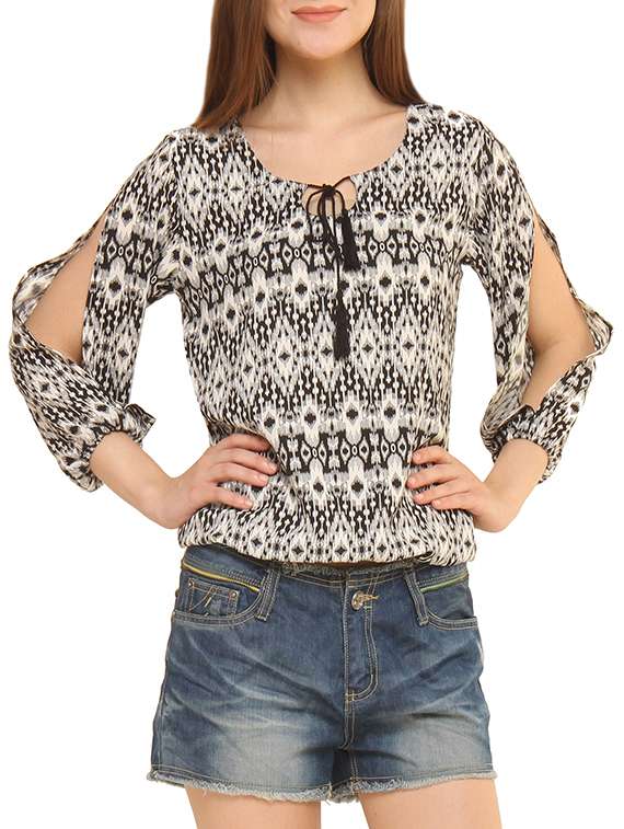 tie up neck slit sleeve top