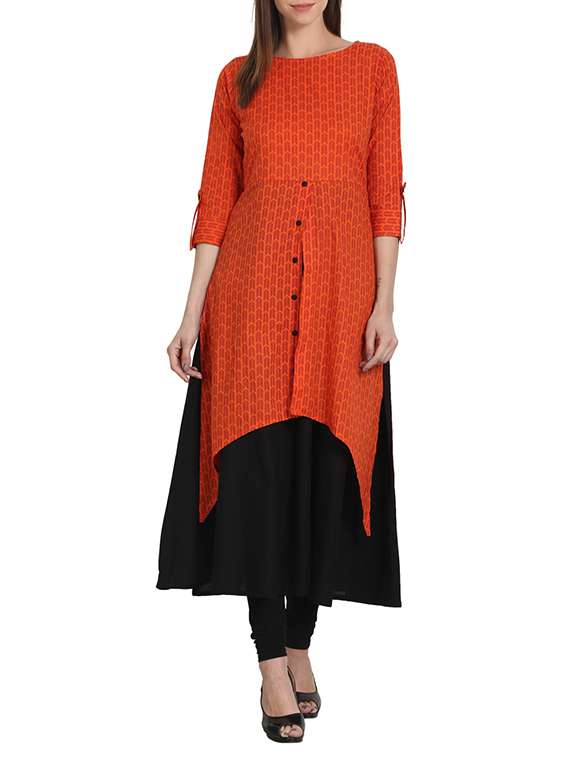printed high-low roll up sleeves kurta