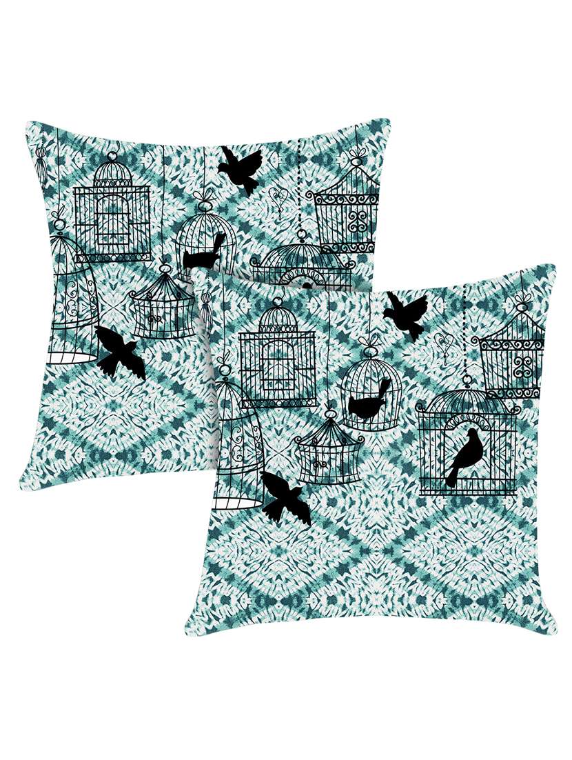 digitally printed cushion cover with light blue wool and black birds set of two