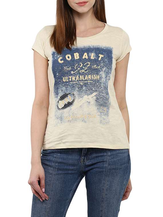 beige printed cotton regular tee
