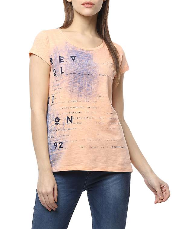 peach printed cotton regular tee