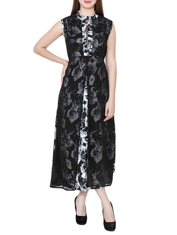 black printed poly crepe layered dress