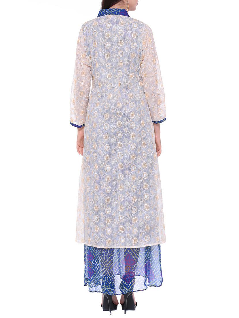 white chanderi printed high slit kurta - 13718849 - Standard Image - 2