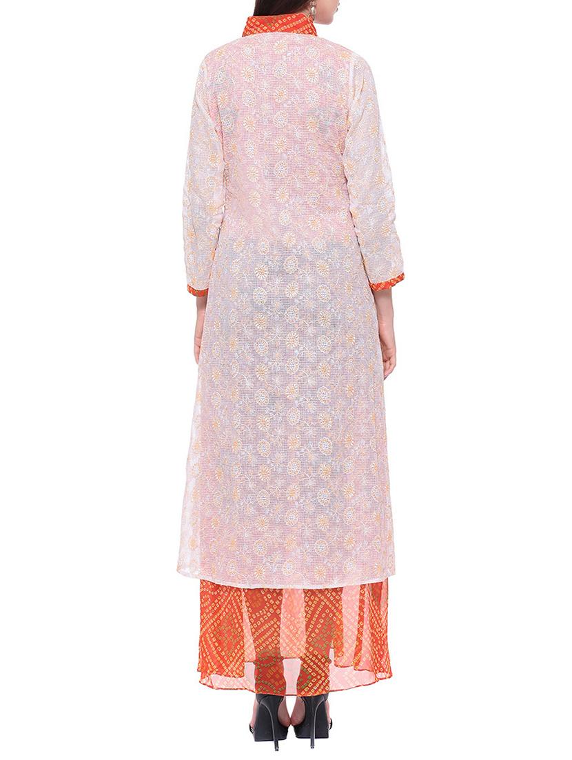 orange chanderi printed high slit kurta - 13718850 - Standard Image - 2