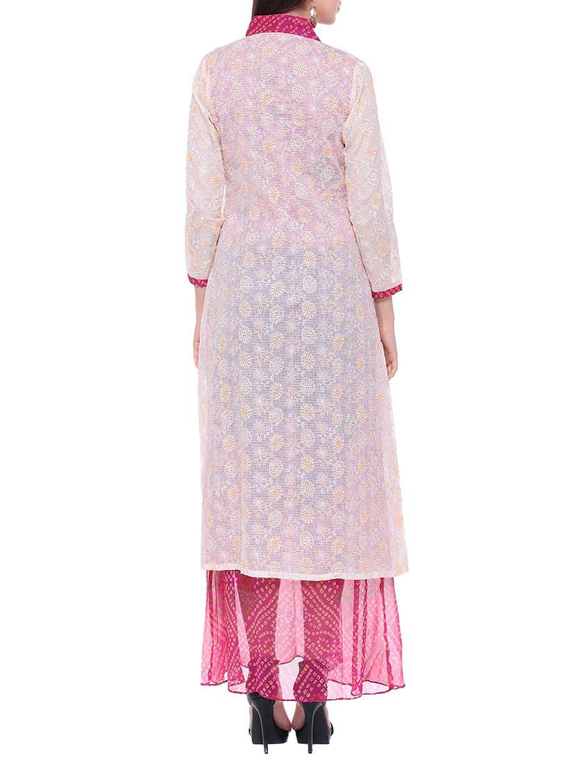 pink chanderi printed high slit kurta - 13718852 -  Standard Image - 2