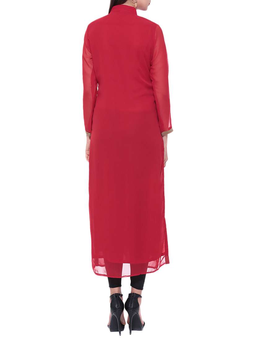 red georgette embroidered high slit kurta - 13718856 - Standard Image - 2