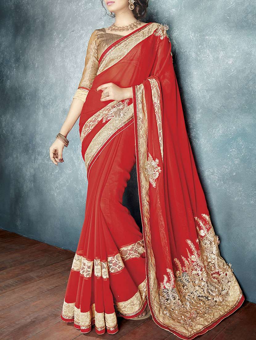 red georgette embroidered saree with blouse