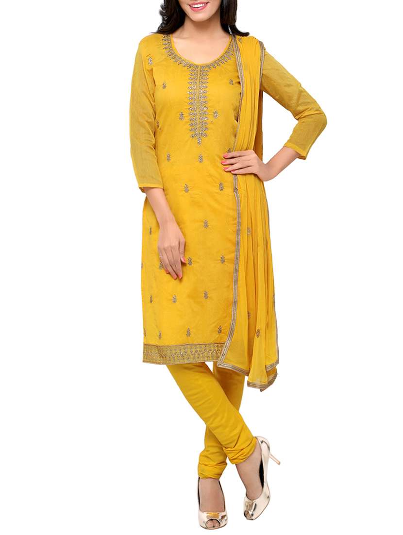 yellow chanderi cotton embellished churidaar suits unstitched suit