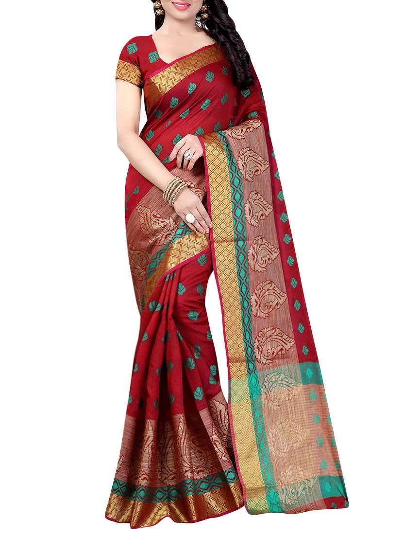 maroon cotton silk woven saree with blouse