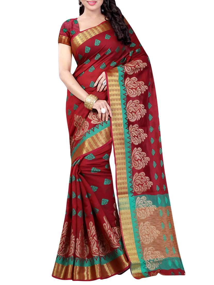 maroon cotton silk woven saree with blouse
