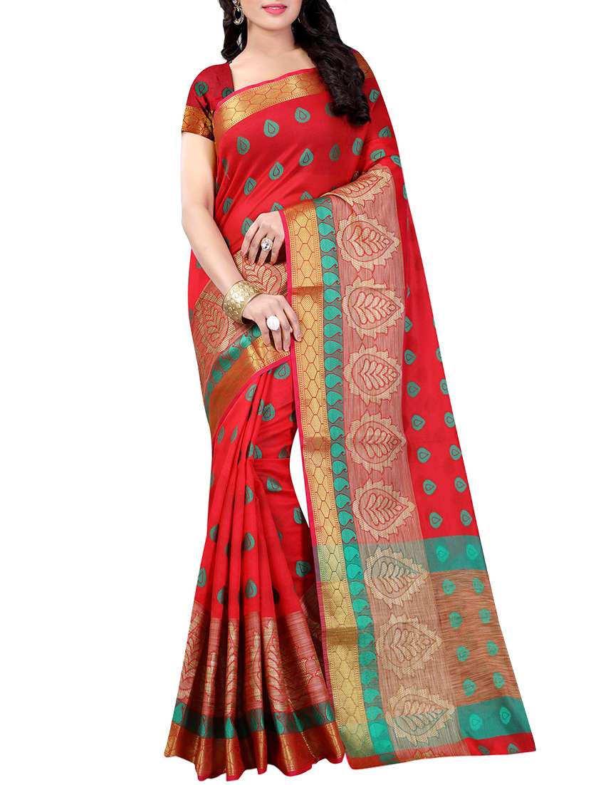 red cotton silk woven saree with blouse