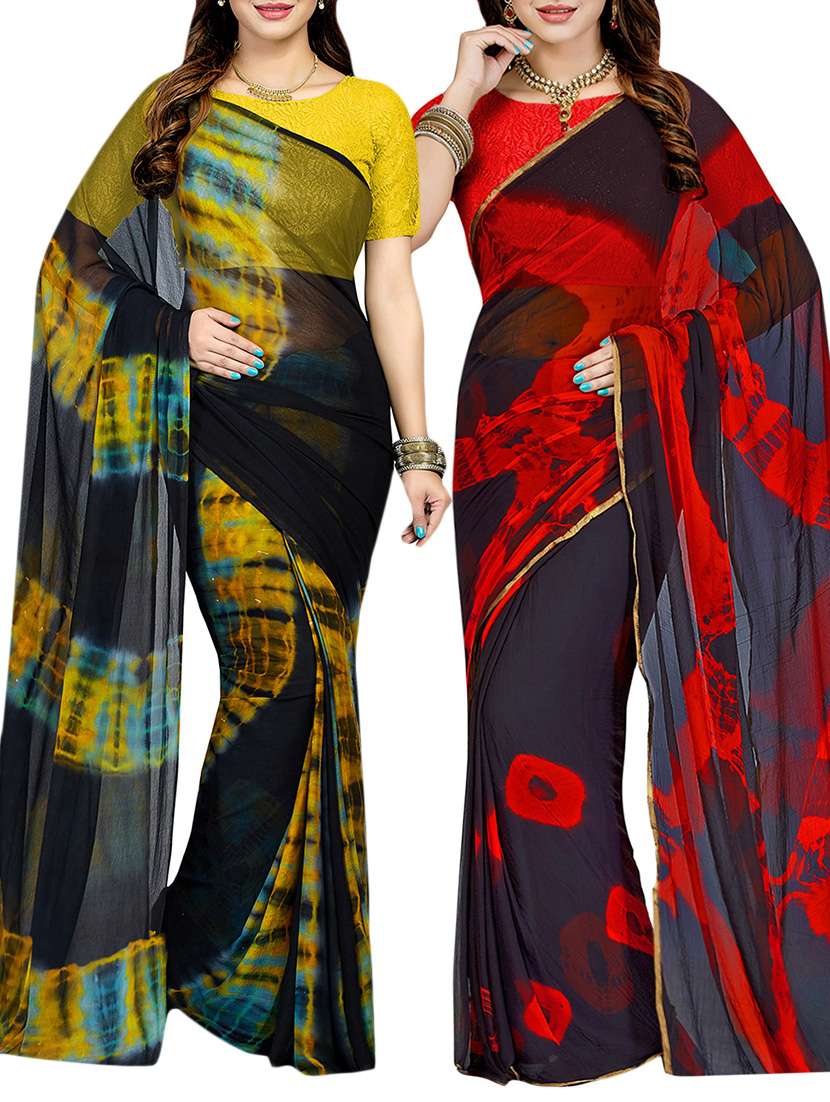 multi colored faux georgette printed combos (set of 2) sarees with blouse