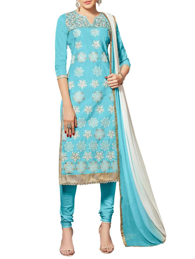 sky blue cotton blend embroidered churidaar suits semi-stitched suit