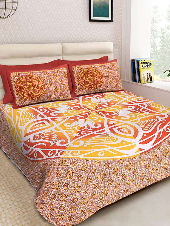 multicolored cotton printed double bedsheet with two pillow covers