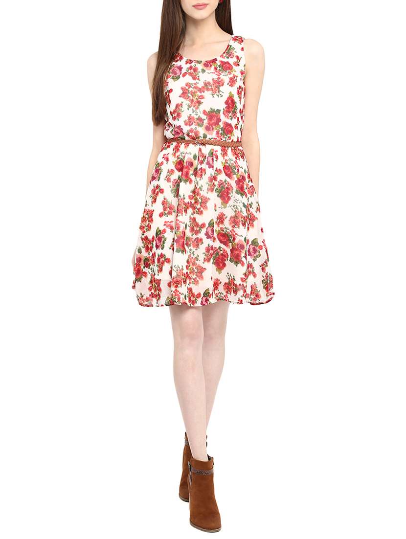 round neck floral belted dress 
