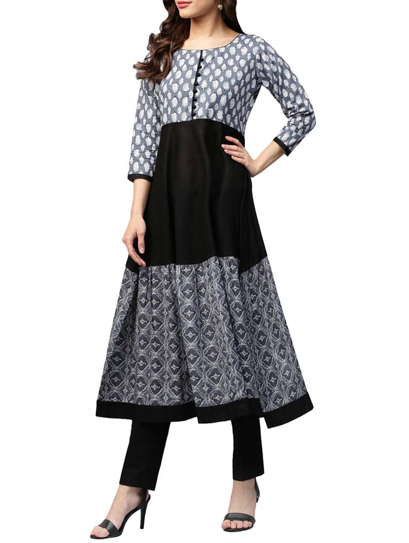 grey cotton printed A-line kurta