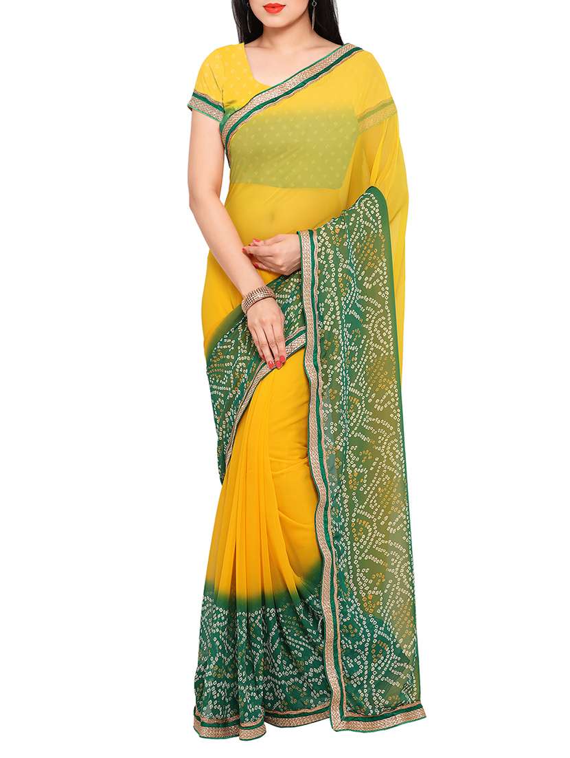 yellow georgette printed bandhani saree with blouse