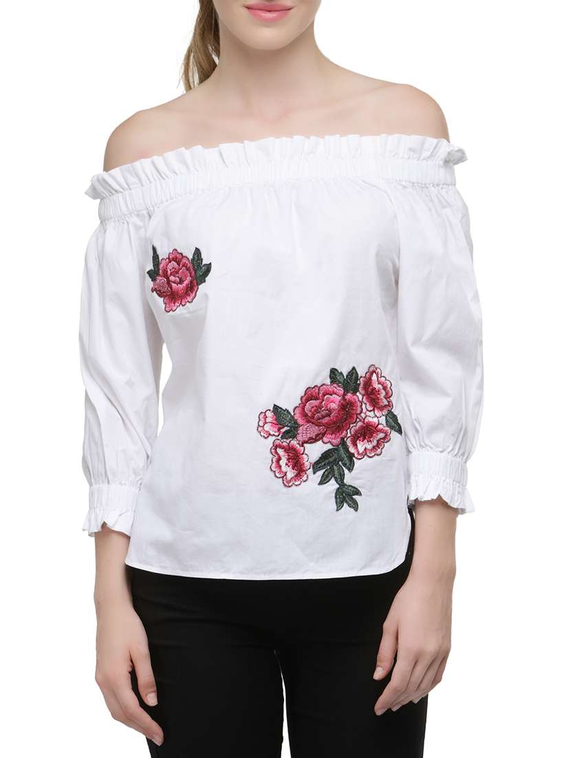 floral applique frill detailed bardot top