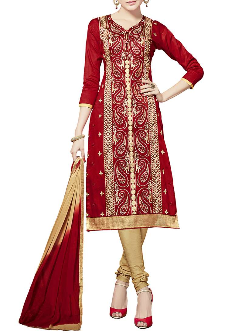 red cotton blend embroidered churidaar suits dress material