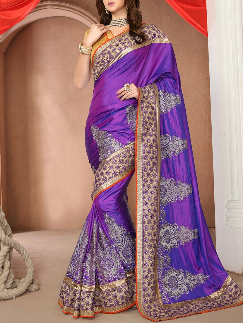 purple silk embroidered saree with blouse