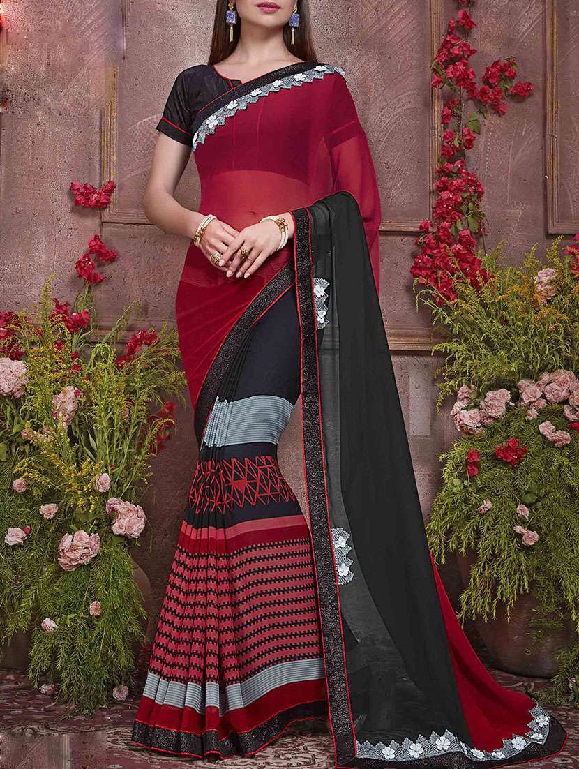 red and black printed  saree with blouse