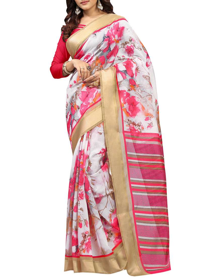 grey & pink cotton printed saree with blouse