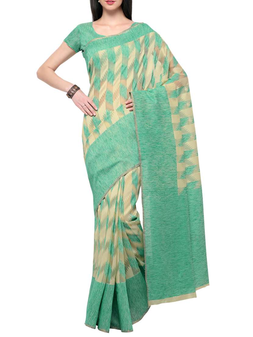 beige & green net woven saree with blouse