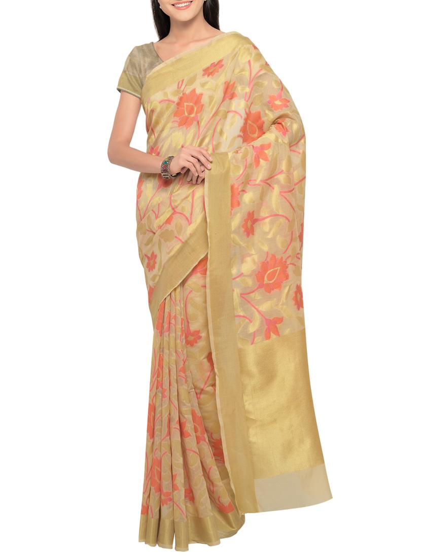 beige chanderi woven saree with blouse