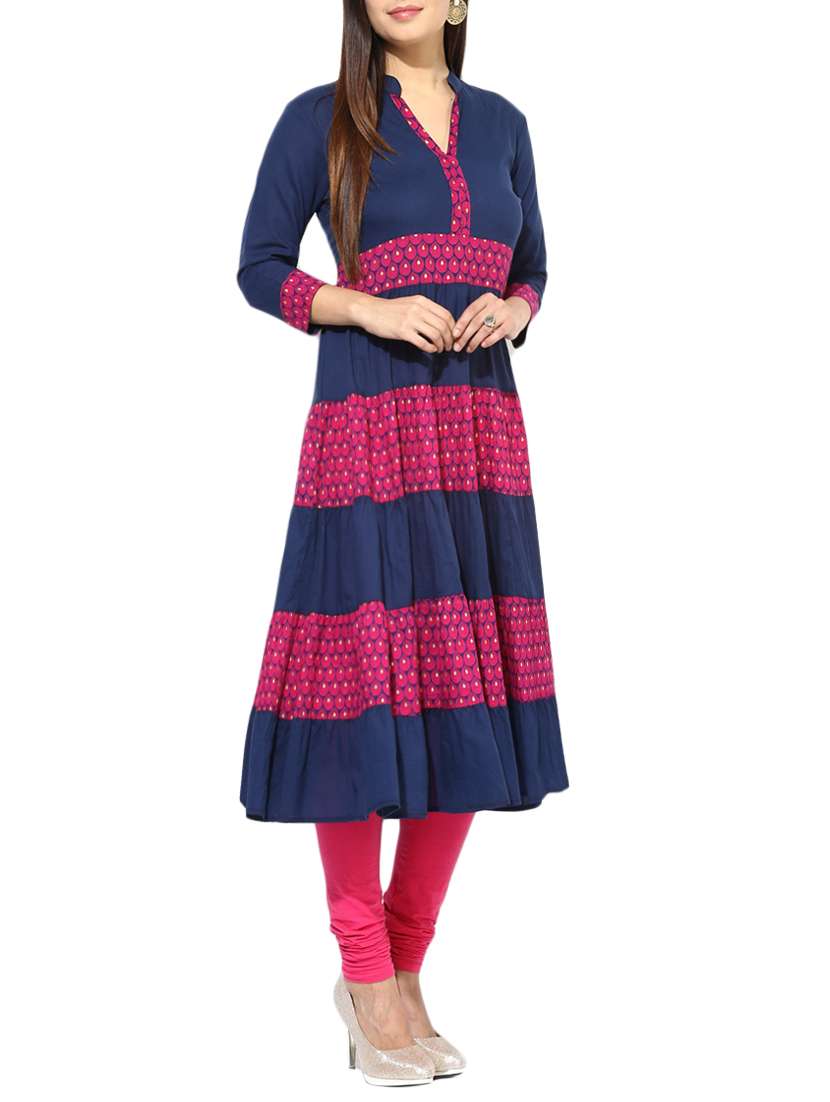 blue cotton printed tiered kurta