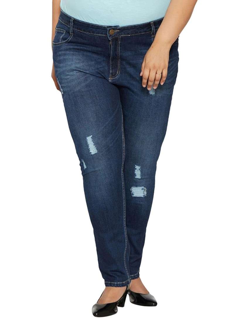 dark blue distressed denim jean