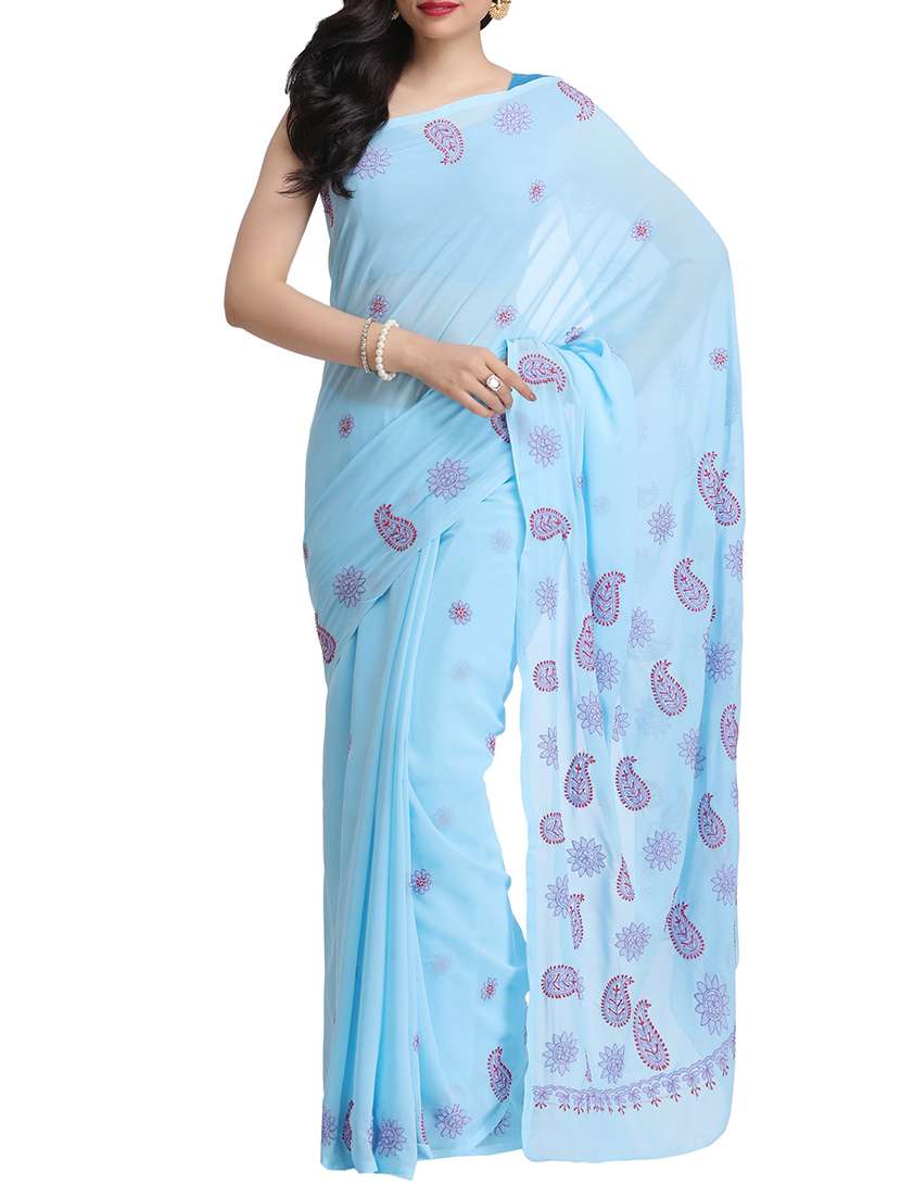 Ada blue chikankari saree with blouse