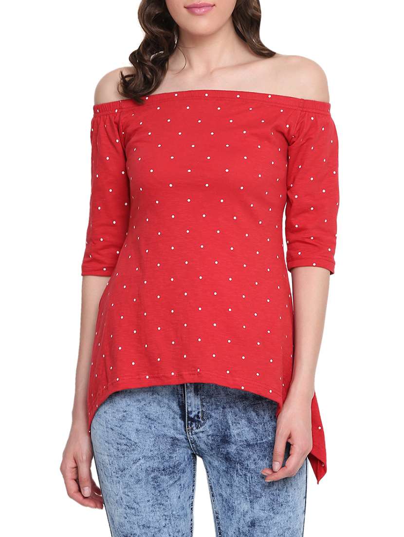 off shoulder polka dot asymmetric top