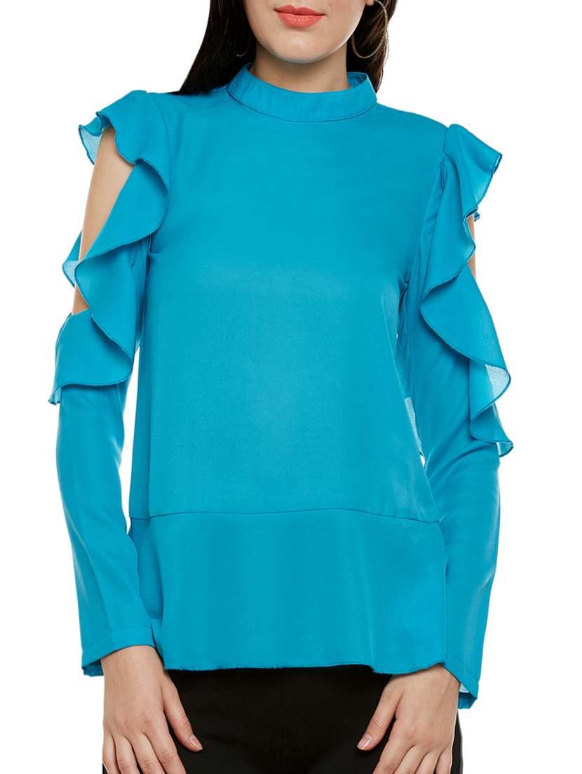 women's ruffle mock neck top