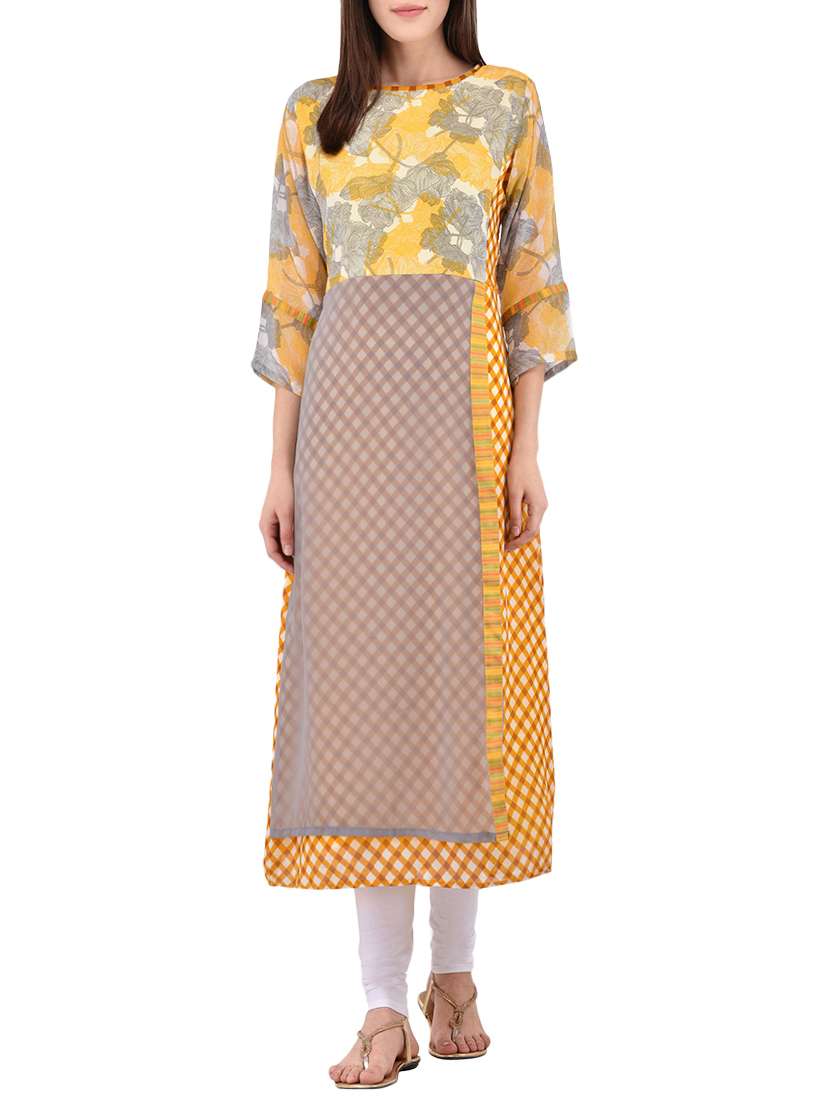 yellow georgette printed layered kurta