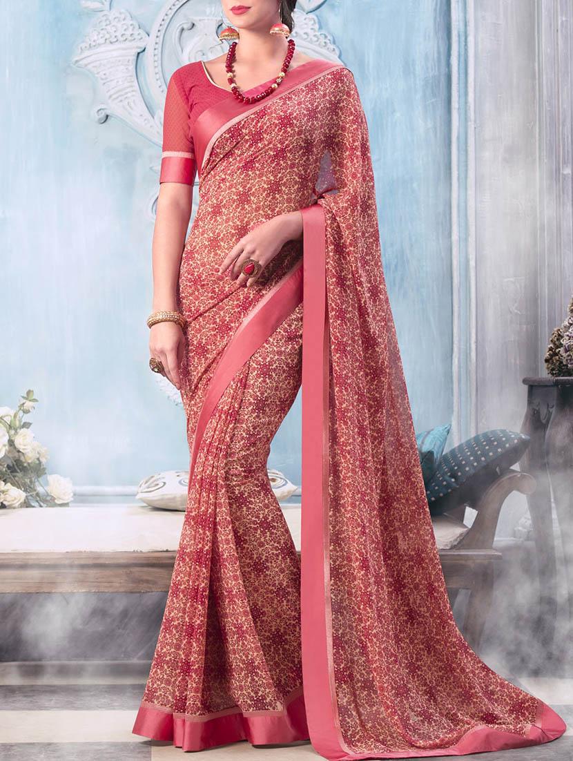 pink georgette printed saree with blouse - 13778430 - Zoom Image - 0