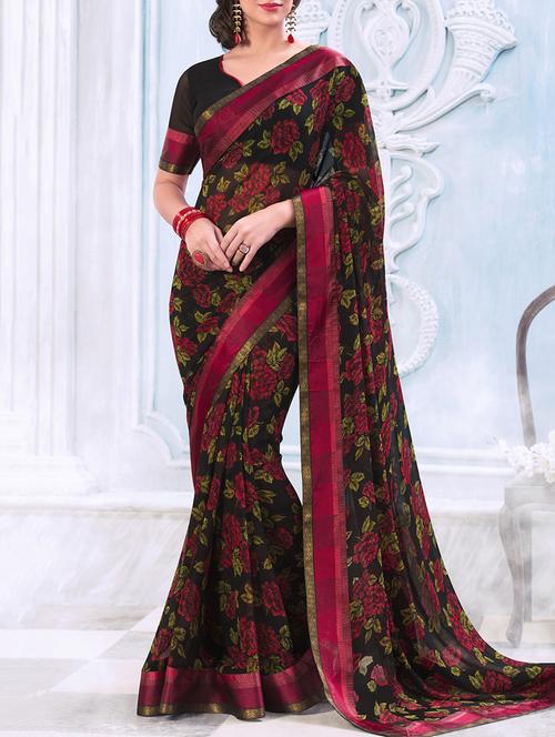 black georgette printed saree with blouse - 13778431 - Standard Image - 0