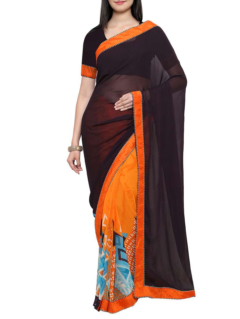 black & orange georgette printed half & half saree with blouse