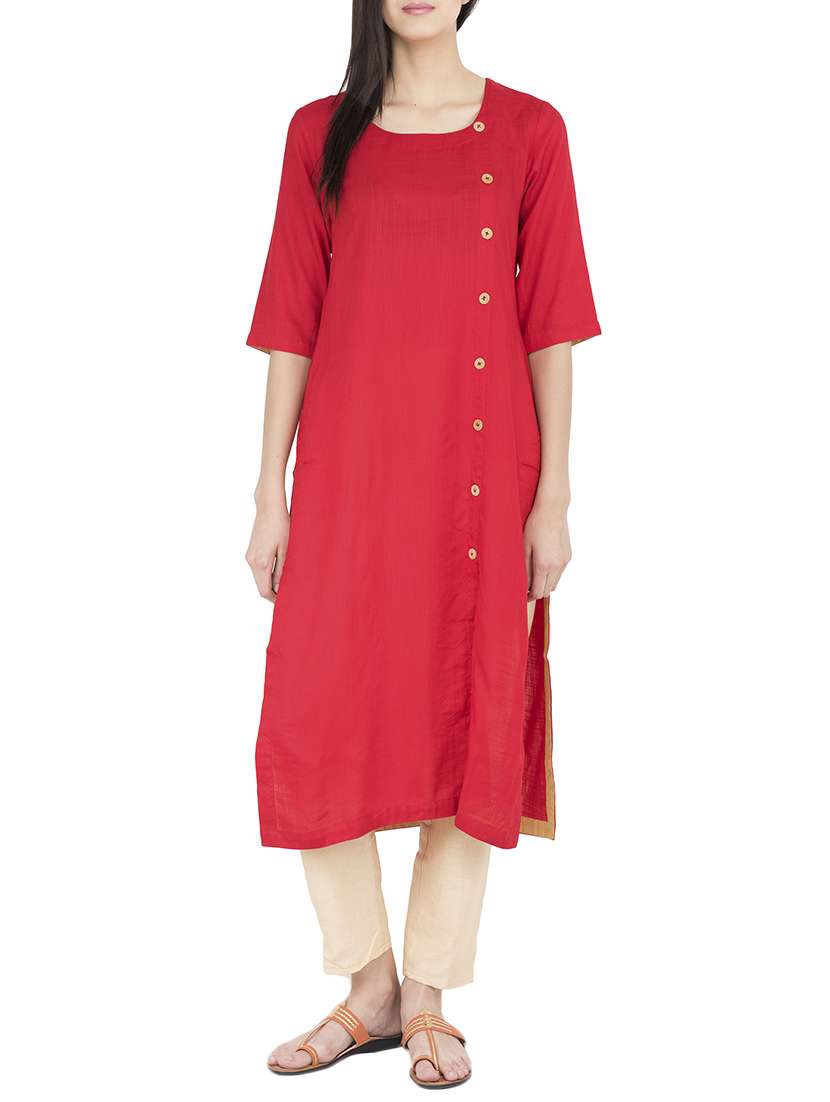 red rayon solid straight kurta