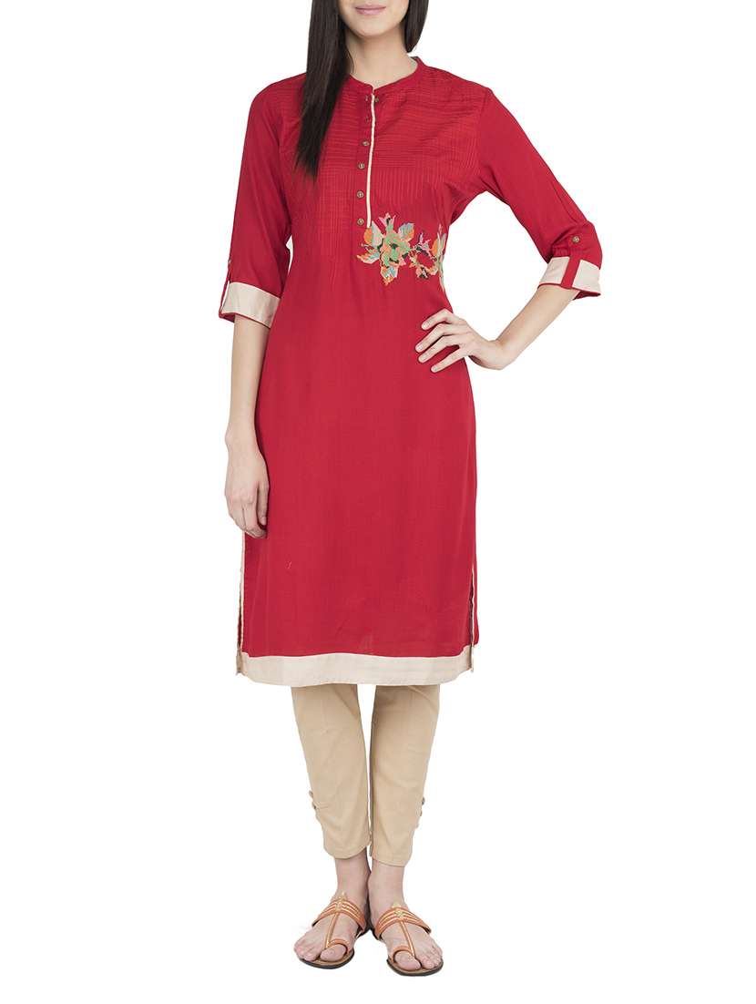 red rayon embroidered straight kurta
