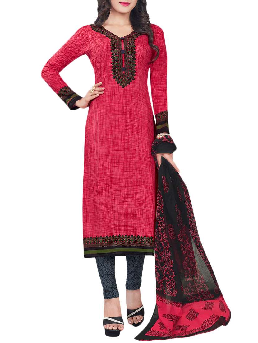 pink crepe printed churidaar unstitched suits
