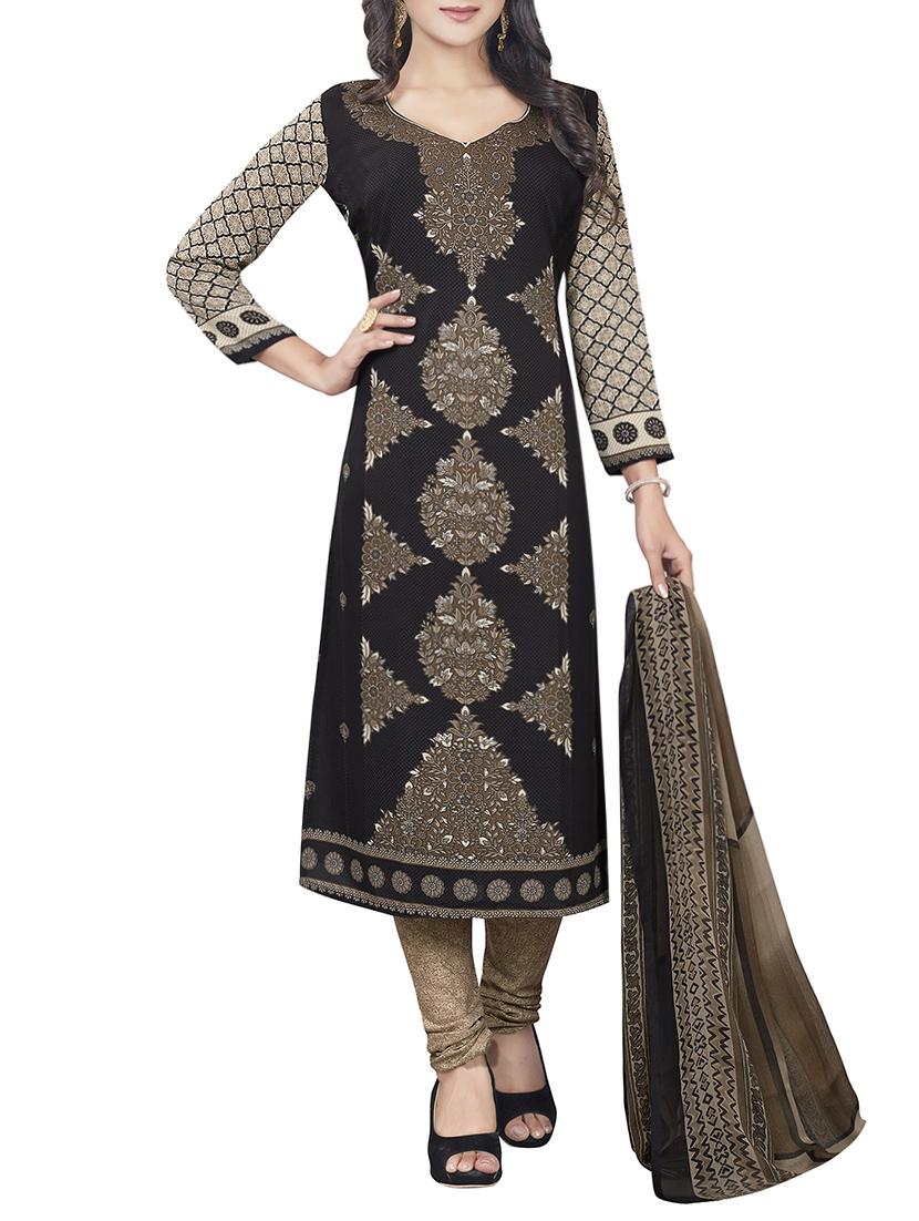black crepe printed churidaar suits dress material
