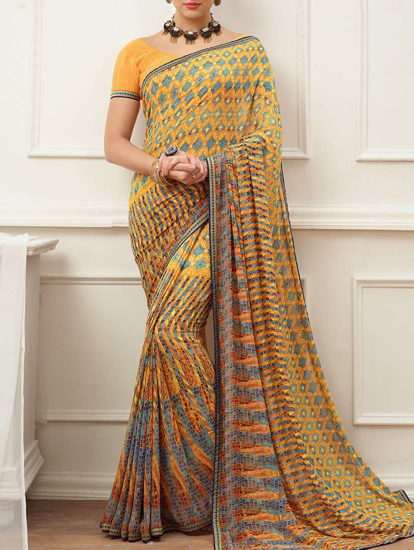 orange georgette printed saree with blouse